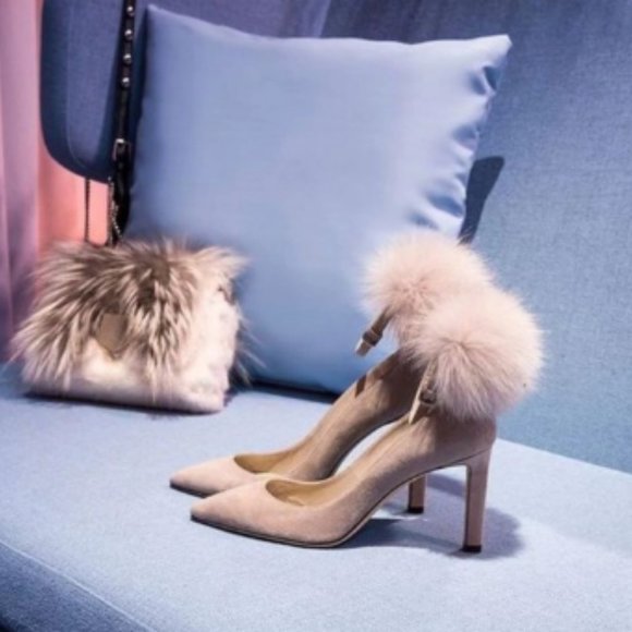 FSJ Shoes - FSJ Ankle Strap Heels Suede Pumps Fluffy Ball